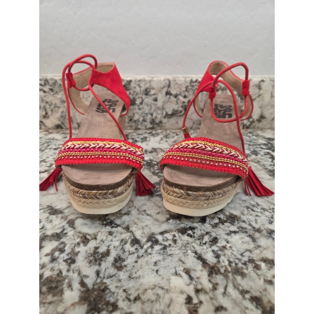 Refresh Red Boho Beaded Espadrille Wedge Sandals Ankle Tie Tassel 40 EU 9.5 US - Picture 9 of 13